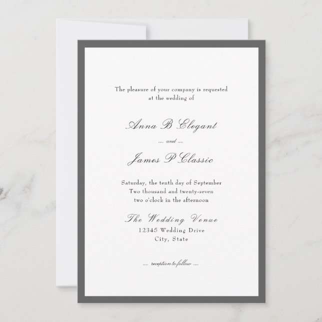 Invitación a la boda blanca gris con guión clásico (Anverso)