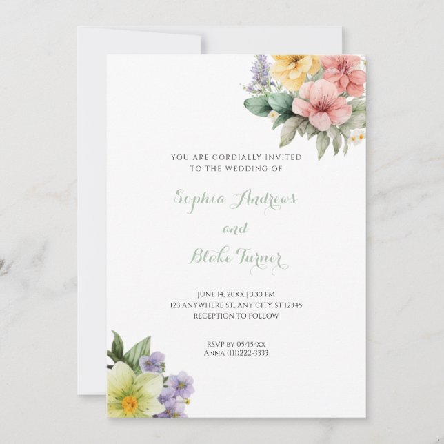 Invitación a la boda blanca moderna y flores paste (Anverso)