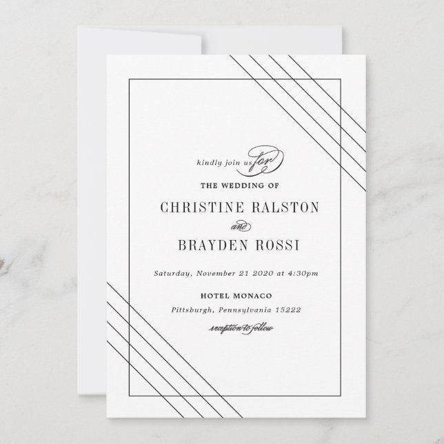 Invitación a la Boda Blanca Negra Art Deco (Anverso)