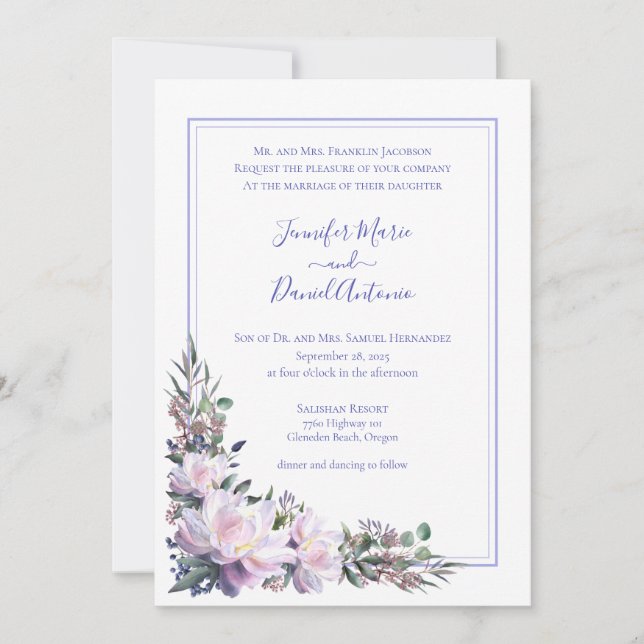 Invitación a la boda blanca Peony Garden Periwinkl (Anverso)