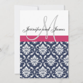 Invitación a la boda blanca rosa-azul-monograma Da