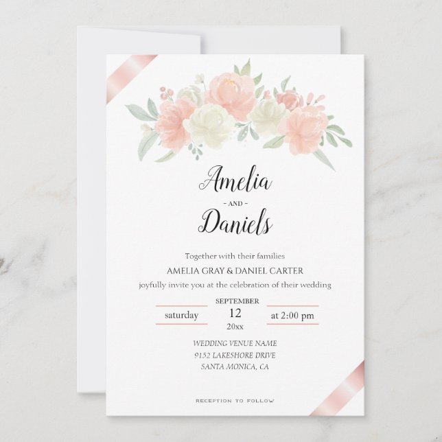 Invitación a la boda blanca rosa de la cinta de or (Anverso)