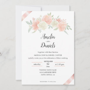 Invitación a la boda blanca rosa de la cinta de or