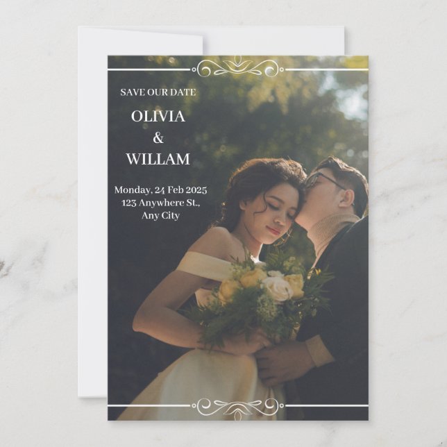 Invitación a la boda blanca simple y verde (Anverso)