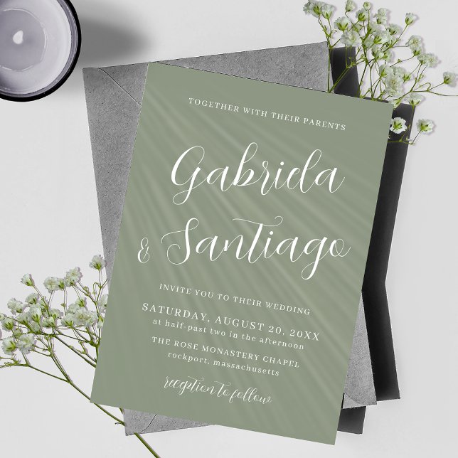 Invitación a la boda blanca verde con guión simple (Subido por el creador)