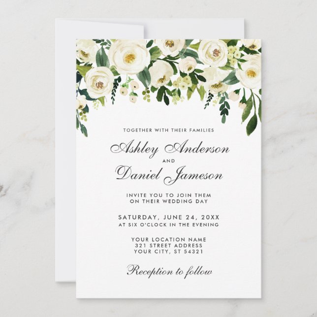 Invitación a la Boda Blanca Verde Floral de acuare (Anverso)
