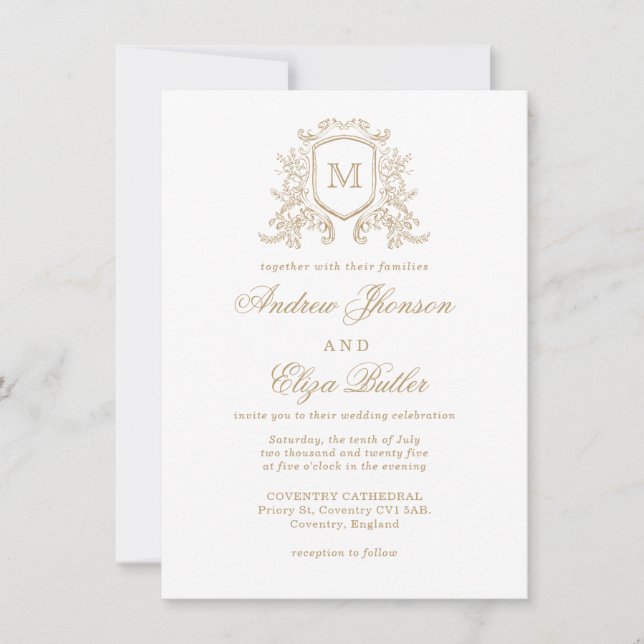 Invitación a la Boda Blanca y al Oro Monograma Clá (Anverso)