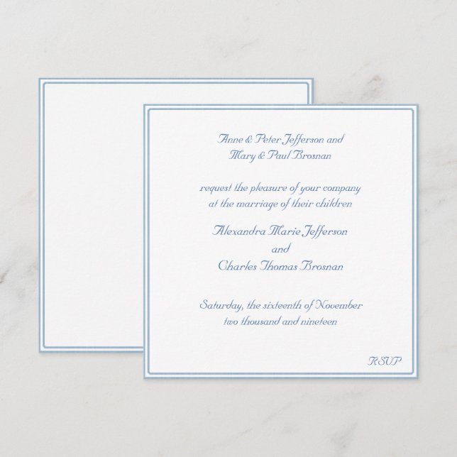 Invitación a la boda blanca y azul claro (Anverso / Reverso)