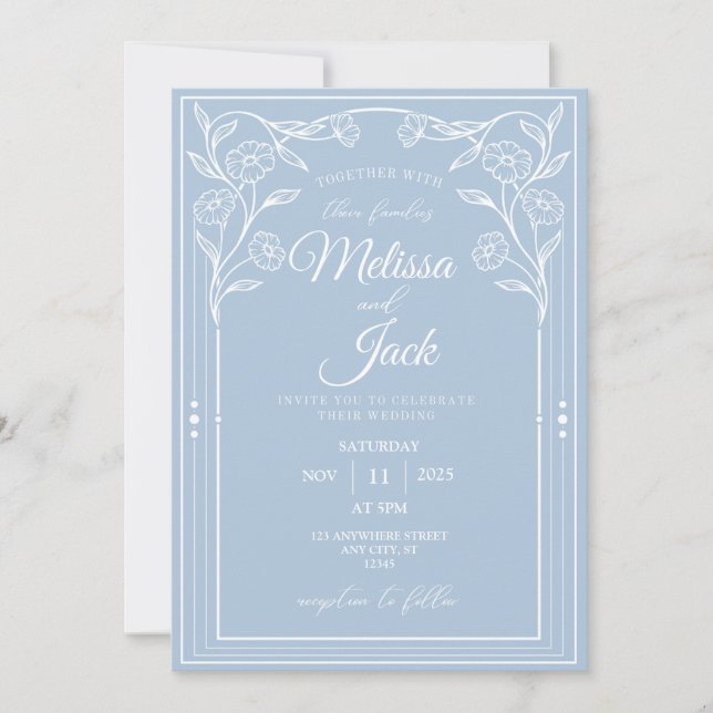 Invitación a la boda blanca y azul con clase (Anverso)