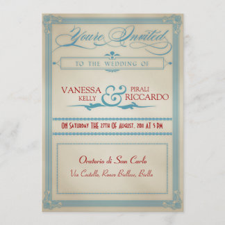 Invitación a la boda blanca y azul de color rojo v