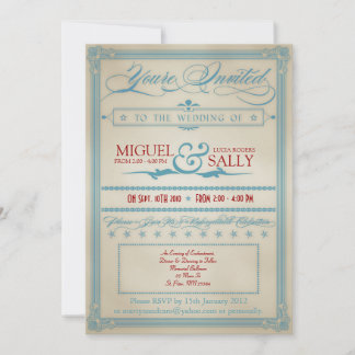 Invitación a la boda blanca y azul de color rojo v