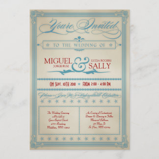 Invitación a la boda blanca y azul de color rojo v