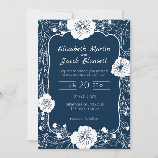Invitación a la boda blanca y azul de la línea flo (Anverso)