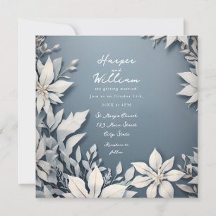 Invitación a la boda blanca y azul del follaje de 