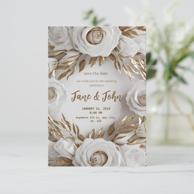 Invitación a la boda blanca y de oro [personalizad (Anverso de pie)