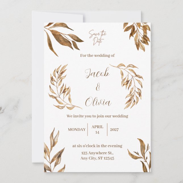Invitación a la boda blanca y marrón (Anverso)