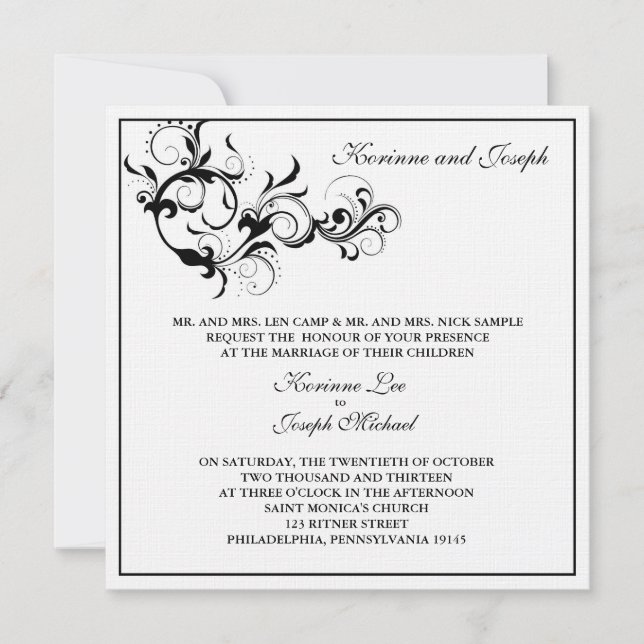 Invitación a la boda blanca y negra (Anverso)