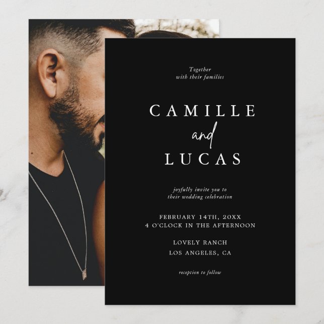 Invitación a la boda blanca y negra (Anverso / Reverso)