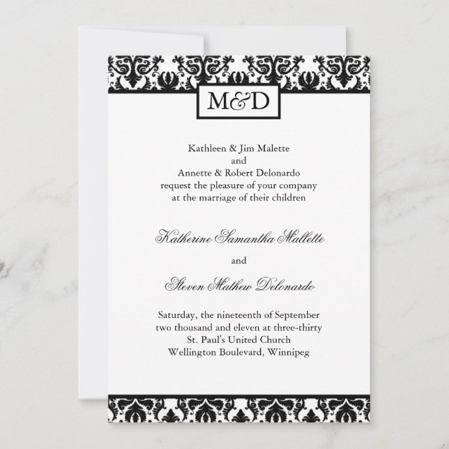Invitación a la boda blanca y negra con clase (Anverso)