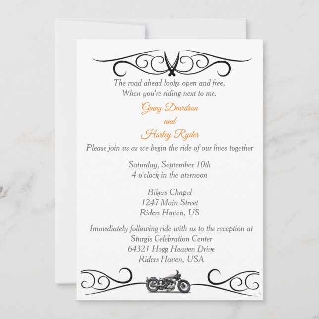 Invitación a la boda blanca y negra en motocicleta (Anverso)