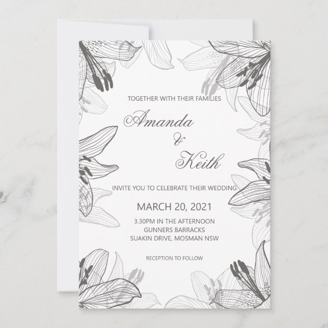 Invitación a la Boda Blanca y Negra Floral Classic (Anverso)