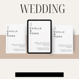 Invitación a la boda blanca y negra floral minimal