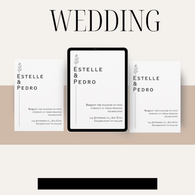 Invitación a la boda blanca y negra floral minimal (Subido por el creador)