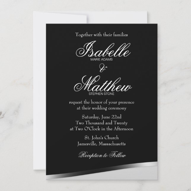 Invitación a la boda blanca y negra, frontera mode (Anverso)
