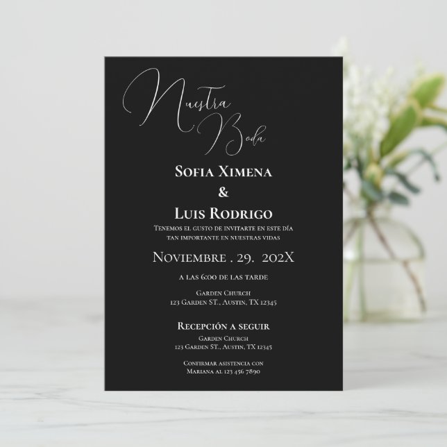 Invitación a la boda blanca y negra moderna (Anverso de pie)