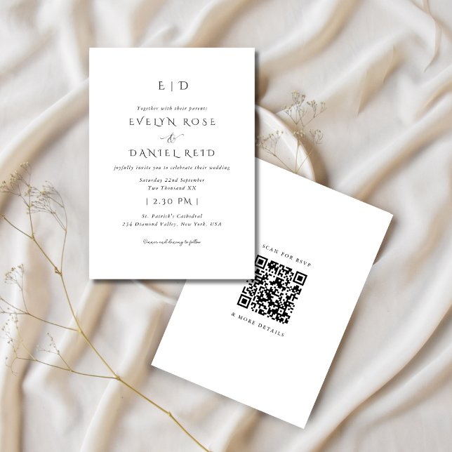 Invitación a la boda blanca y negra RSVP con códig (Subido por el creador)