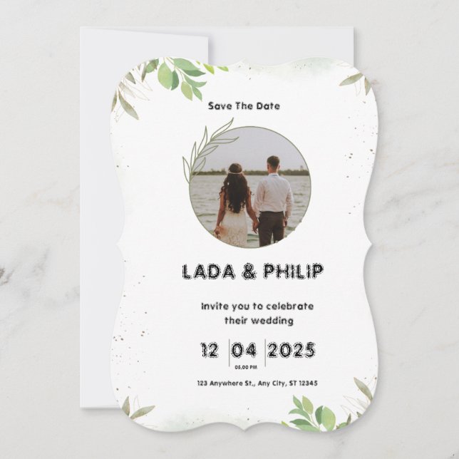 Invitación a la boda blanca y verde (Anverso)
