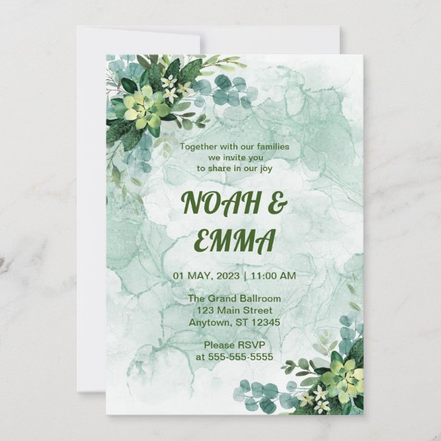 Invitación a la boda blanca y verde, fresca y limp (Anverso)