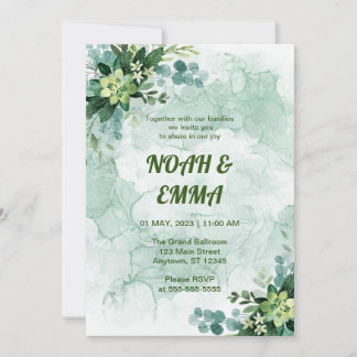 Invitación a la boda blanca y verde, fresca y limp