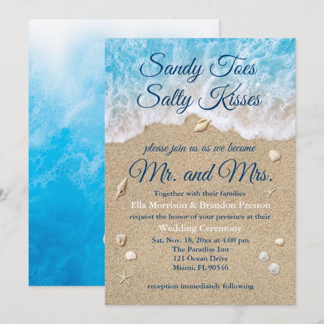 Invitación a la boda Blue Beach Waves (Anverso / Reverso)