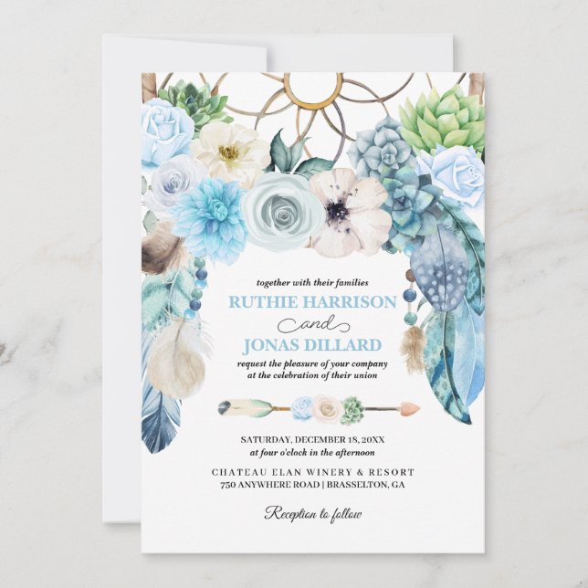 Invitación a la boda Blue Boho Dreamcatcher (Anverso)