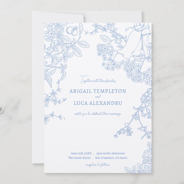 Invitación a la boda Blue Chinoiserie Toile de Jou (Anverso)