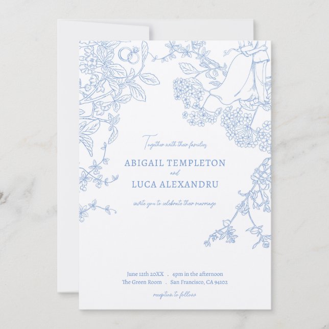 Invitación a la boda Blue Chinoiserie Toile de Jou (Anverso)