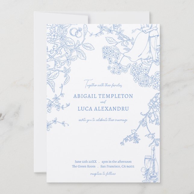 Invitación a la boda Blue Chinoiserie Toile de Jou (Anverso)