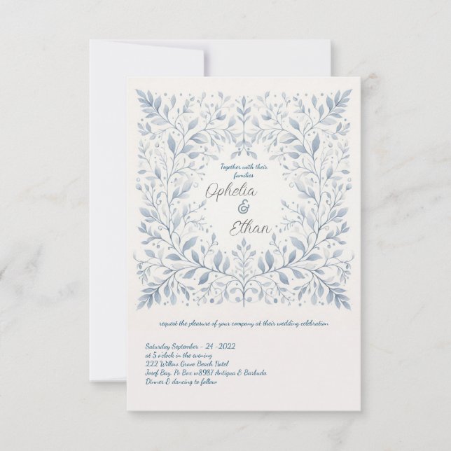 Invitación a la boda Blue Floral de acuarela (Anverso)