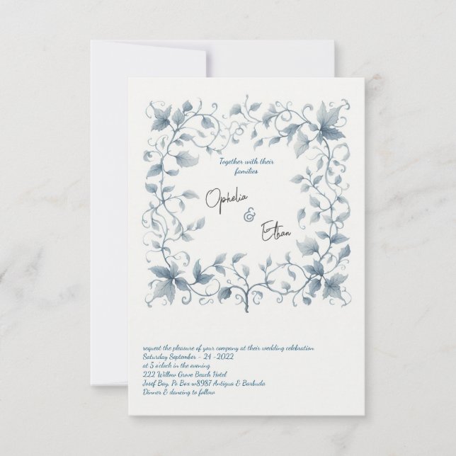Invitación a la boda Blue Floral de acuarela (Anverso)