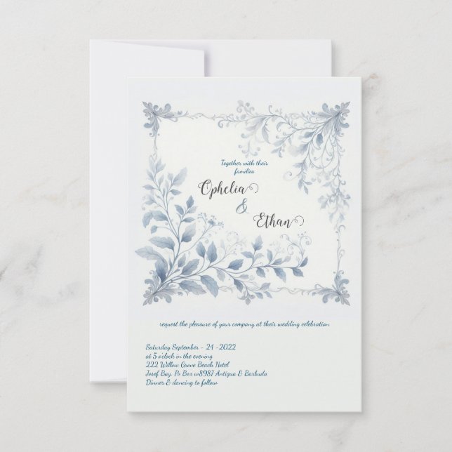 Invitación a la boda Blue Floral de acuarela (Anverso)