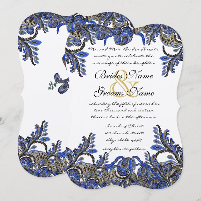 Invitación a la boda Blue & Gold Paisley Damask (Anverso / Reverso)