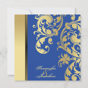 Invitación a la boda Blue Gold Shimmer Floral Swir