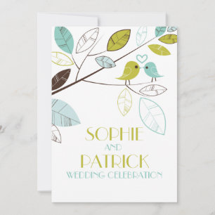 Invitación a la boda Blue & Green Lovebirds & Leav