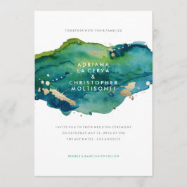 Invitación a la boda Blue Green y Gold Splatter