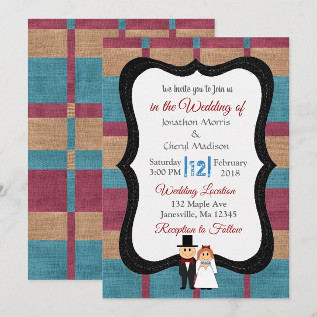 Invitación a la boda Blue y Maroon Burlap (Anverso / Reverso)