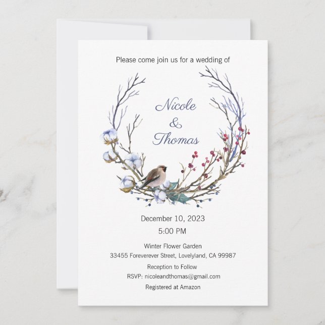 Invitación a la boda, boda de invierno, corona de  (Anverso)