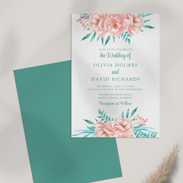 Invitación a la Boda Bohemia y a la Boda Floral Tu (Bohemian Peach and Turquoise Floral Wedding Invite on white table.)