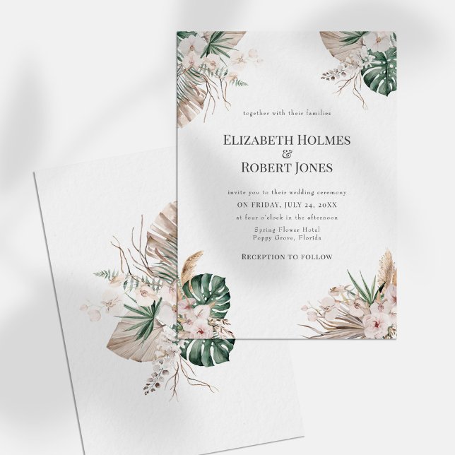 Invitación a la boda Boho Tropical Orquídea y Mons (Boho Tropical Orchid & Monstera Wedding Invitation on a white sunny table.)