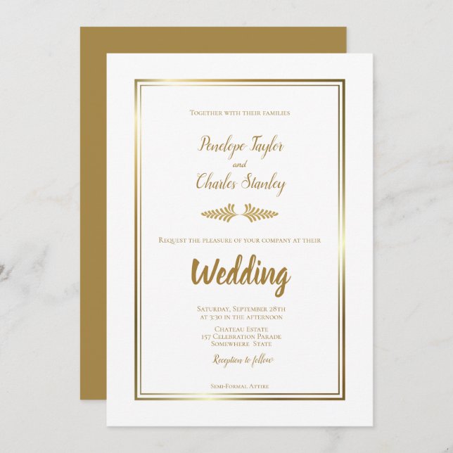 Invitación a la boda Borde de oro elegante (Anverso / Reverso)